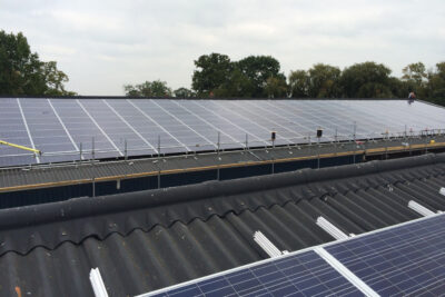 Solar panels on roof of factory in Manchester